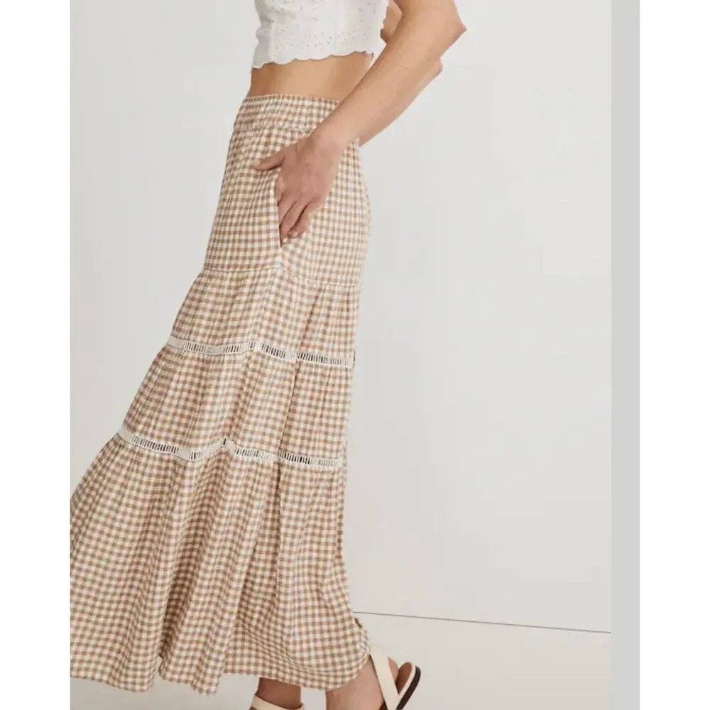 Madewell Linen-Blend Eyelet-Trim Women’s XL Tiered Maxi Skirt Seed Khaki Plaid - Picture 3 of 8
